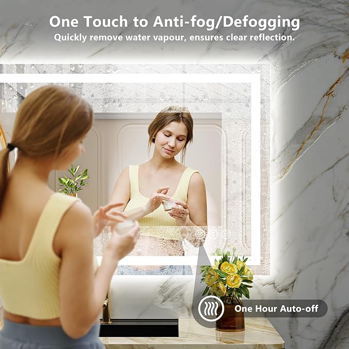 51x40 Inch LED Bathroom Mirror with Lights Front and Backlit Lighted Vanity Mirror for Bathroom Wall with 3 Colors Dimmable Anti-Fog Memory Shatter-Proof IP54 Waterproof Horizontal/Vertical