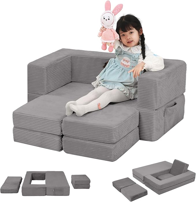 MeMoreCool Modular Kids Couch, Corduroy Play Toddler Couch for Bedroom Playroom Furniture, Convertible Foam Kids Sofa Bed, Fold Out Baby Sofa for Girl Boy, Light Grey