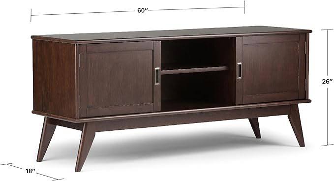 SIMPLIHOME Draper SOLID HARDWOOD 60 inch Wide Mid Century Modern TV Media Stand in Medium Auburn Brown For TVs up to 65 inches for the Living Room and Entertainment Center