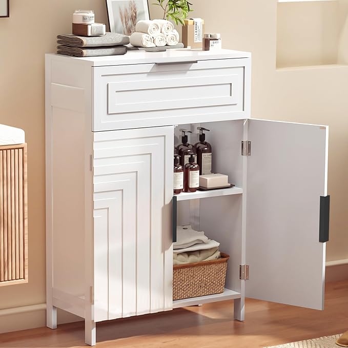 Storage Cabinet Bathroom Floor Cabinets with Drawer Freestanding Kitchen Cabinet Fluted Coffee Bar Cabinet for Living Room, Entryway, Garage Accent Storage Organization - 23.6x11.8x35.4- White