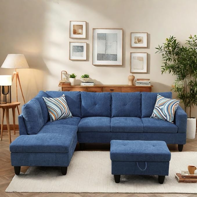 97" L Shaped Sectional Couch, Modern 4 Seat Modular Sectional Sofa with Storage Ottoman, Living Room Sets for Small Spaces, Apartment, Linen, Blue