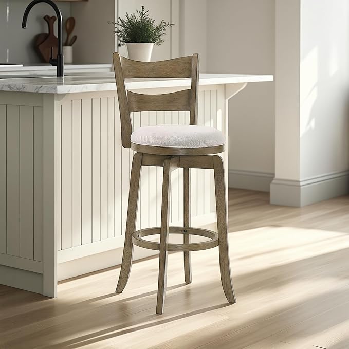 Armen Living Blair 26 in. Putty Brown Counter Height Rubberwood Swivel Barstool with Cream Fabric Seat - Set of 4