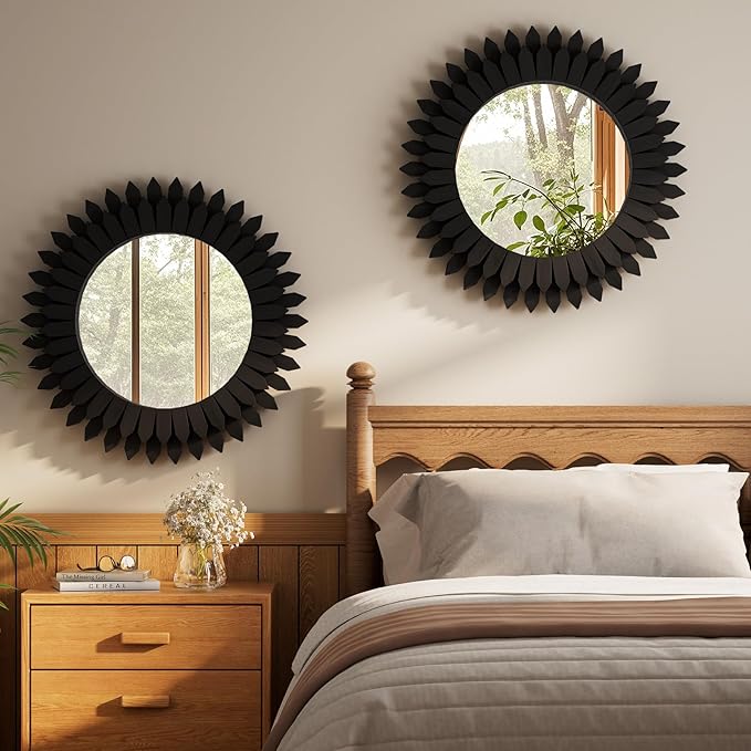 24 Inch Black Boho Wall Decor Sunburst Mirror - Round Wooden Wall Decor, Handmade Rustic Circular Mirror for Living Room, Bedroom, Entryway, Office