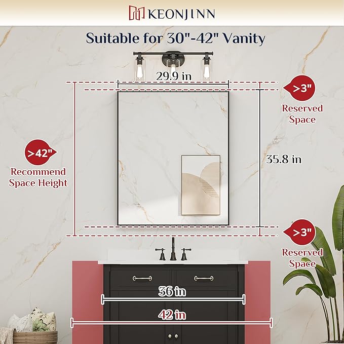 Keonjinn 30 x 36 Inch Brushed Bronze Bathroom Mirror, Metal Framed Rectangular Vanity Mirror for Wall, Square Corner, Modern Farmhouse, Rectangle Bathroom Mirrors for Over Sink(Horizontal/Vertical)