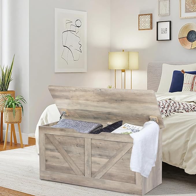 39.4" Storage Chest, Wooden Storage Bench, Large Storage Trunk with 2 Safety Hinges, Entryway Shoes Bench for Living Room, Bedroom, Grey