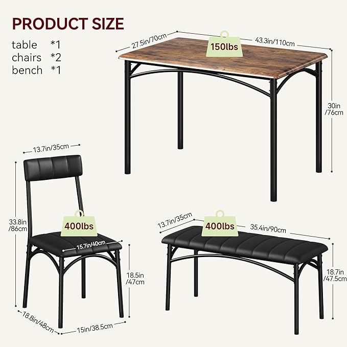 Dining Table Set for 4, Small Dining Table Set with Upholstered Bench and 2 Chairs, Kitchen Table and Chairs for 4, for Small Space, Apartment, Dinner, Rustic Brown