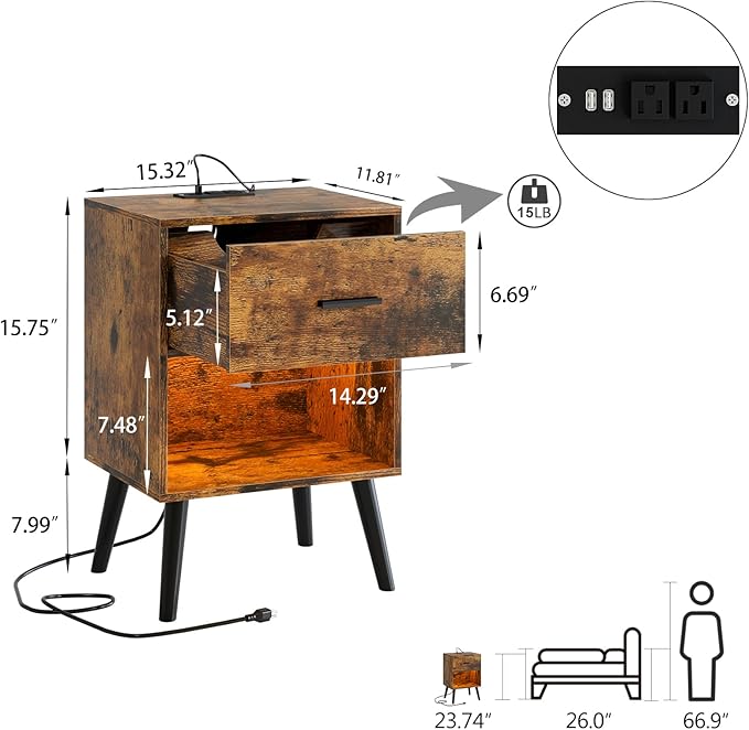 Nightstand with Charging Station and LED Lights, Small Side Table, Bedside Table with Drawer, Modern Night Stand, End Table for Bedroom, Living Room (Rustic Brown)