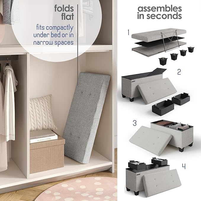 STORAGEBUD Storage Ottoman Bench with Bins, 30-in Storage Bench for Bedroom End of Bed, Folding Foot Rest Ottoman for Living Room Max 660lbs, Fabric Ottomans, Light Grey