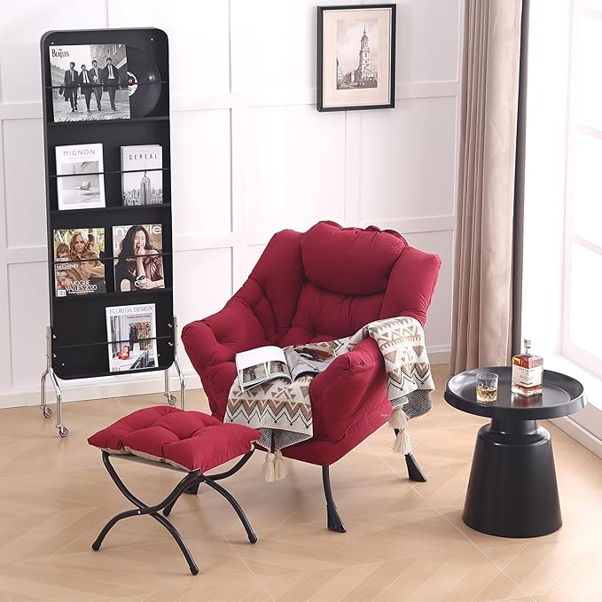 LITA Lazy Chair with Ottoman, Modern Accent Leisure Upholstered Sofa, Contemporary Lounge Reading Chair with Armrests and a Side Pocket for Living Room, Bedroom & Small Space, Burgundy