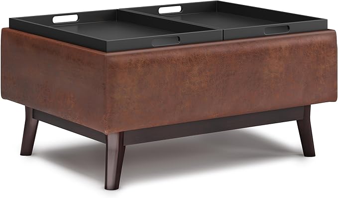 SIMPLIHOME Owen 34 inch Wide Mid Century Modern Rectangle Tray Top Small Coffee Table Storage Ottoman in Distressed Saddle Brown Vegan Faux Leather, Assembled, For the Living Room and Entryway