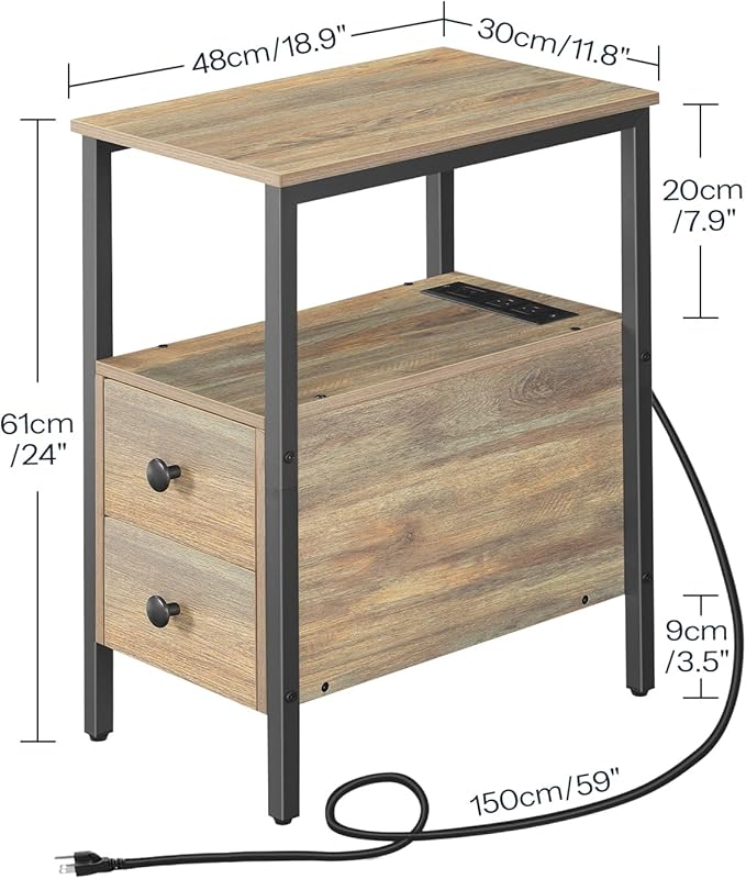 HOOBRO End Table with Charging Station, Narrow Side Table with 2 Drawer & USB Ports & Power Outlets, Nightstand for Small Spaces, for Living Room, Bedroom, Sapphire Brown UC541BZ01