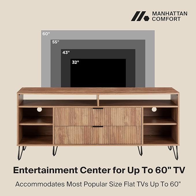 Manhattan Comfort Dumbo Mid Century Modern TV Stand for Televisions up to 60 Inches, Home Entertainment Center with Storage, 6 Shelves, 2 Drawers, No Tool Assembly, 63" Wide, Golden Brown