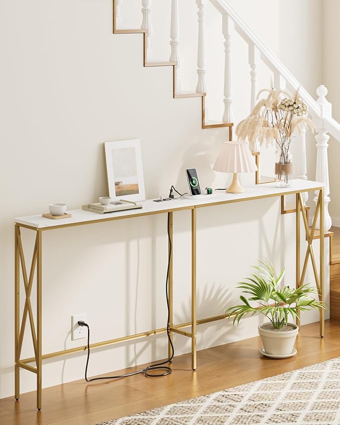 Masupu 70.9" Console Table with Power Outlet, Modern Narrow Long Sofa Table Behind Couch, Skinny Entry Table, Industrial Sofa Table with Metal Frame for Hallway, Living Room, Marble White