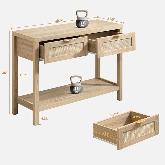 SICOTAS Console Table Set of 2 - Boho Entryway Table with Storage and Rattan Drawers, 2 Tier Shelf, Narrow Long Sofa Tables for Living Room, Natural Entry Table for Hallway, Foyer
