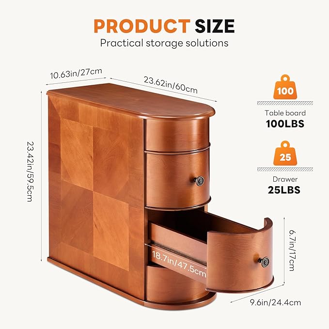 Sweetcrispy Side End Table with 2 Drawers, Tall Nightstand Vintage Bedside Tables No Assembly Night Stand with Curved Edge Storage Space Wood Sofa Slim Organizer for Living Room, Bedroom, Brown
