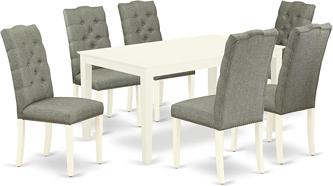 East West Furniture CAEL7-LWH-07 7 Piece Modern Dining Table Set Consist of a Rectangle Wooden Table and 6 Gray Linen Fabric Upholstered Chairs, 36x60 Inch, Linen White