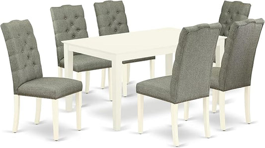 East West Furniture CAEL7-LWH-07 7 Piece Modern Dining Table Set Consist of a Rectangle Wooden Table and 6 Gray Linen Fabric Upholstered Chairs, 36x60 Inch, Linen White