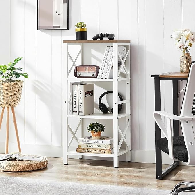 Small Bookshelf,4 Tier Industrial Bookcase with Metal Frame and Backboard,Narrow White Book Shelf,Book case for Small Spaces,Living Room,Bedroom and Home Office