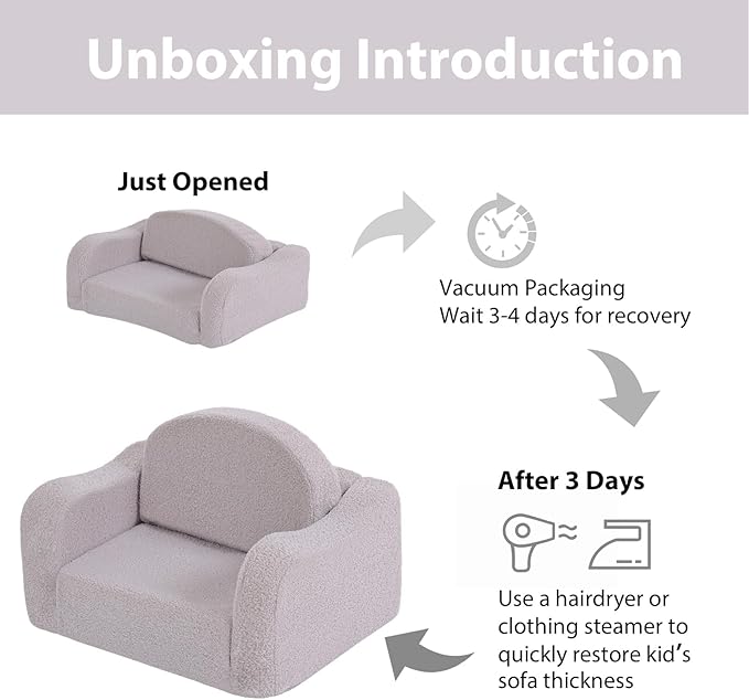 Welnow Kids Sofa, 2-in-1 Soft Sherpa Toddler Chair, Convertible Toddler Couch Lounger, Flip Out Kids Couch Chair with Side Pockets & Removable Cover for Girls and Boys, Grey