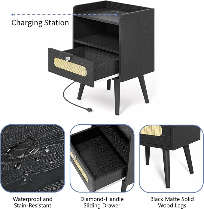Diamond Décor End Table, Nightstand with Charging Station, Bedside Table with Solid Wood Legs, Black