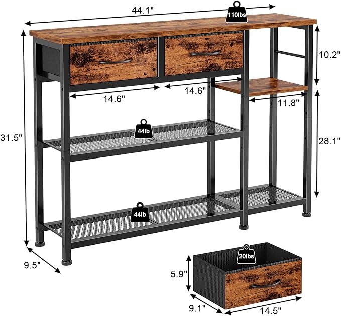 Furnulem Entryway Table 44'' Sofa Console Table with 2 Fabric Drawers, Industrial Entry Way Shoe Rack with Metal Mesh Shelf for Front Door, Hallway, Foyer Wooden Top, Sturdy Metal Frame, Rustic Brown