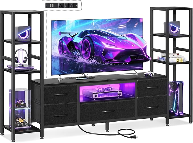 Casaottima 71" TV Stands for 43, 50, 55 Inch TV Entertainment Center with LED Lights and Power Outlets, TV Stand for Living Room with 5 Fabric Drawers & Shelf, TV Console Cabinet for Bedroom, Black
