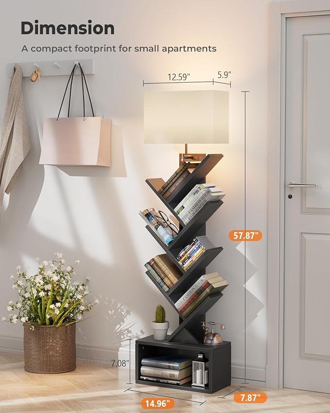 6 Tier Tree Bookshelf with Light, Narrow Bookcase Tower, Tall Floor Standing Book Shelf Organizer with Storage Cabinet for Living Room, Bedroom and Home Office, Black