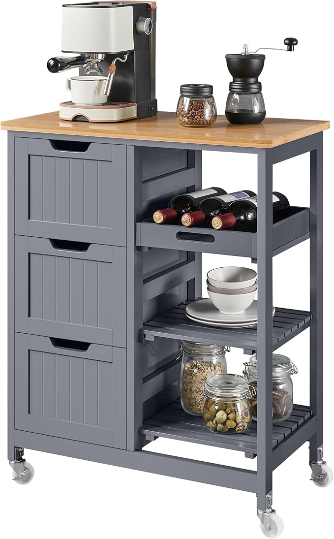 Yaheetech Kitchen Island Cart on Wheels with Storage, Rolling Bar Cart with Solid Wood Top and 3 Drawers, 3 Removable Shelves, Serving Utility Carts for Dining Room/Small Kitchen, Dark Gray