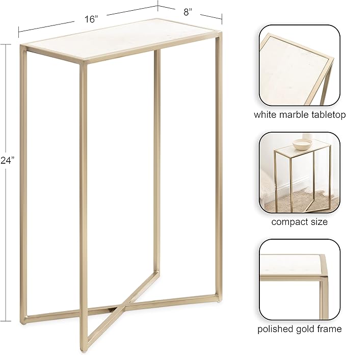 Kate and Laurel Jaspur Modern Slim Side Table, 16 x 8 x 24, White Marble and Gold, Decorative Glam Narrow End Table for Use as Narrow Bedroom Nightstand or Living Room Accent