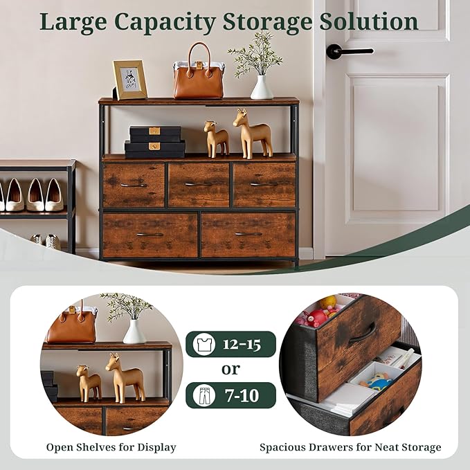 TV Stand, 5 Fabric Drawers Dresser Entertainment Center for TV up to 45 inch Wooden Media Console Table Storage Organizer with Open Shelf, for Living Room, Bedroom, or Small Space, Brown