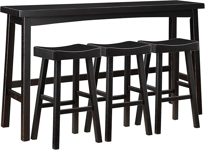 Lexicon Bar Table Set for 3, Small Kitchen Table Set Kitchen Island Table with 3 Saddle Bar Stools, 4 Piece Dining Table Set for Breakfast Nook, Living Room, Apartment, Pub Height, Black