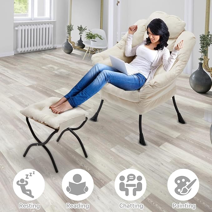 Lazy Chair with Folding Ottoman,Leisure Sofa Chair,Soft Fabric Armchair with Armrests and Side Pockets, Reading Chair with Footrest for Living Room, Bedroom, Office (Plush Beige)