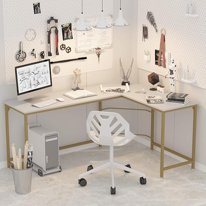 Teraves Reversible L Shaped Desk White - 57.9" Corner Gaming Computer Desk, Office Workstation Modern Home Study Writing Wooden Table
