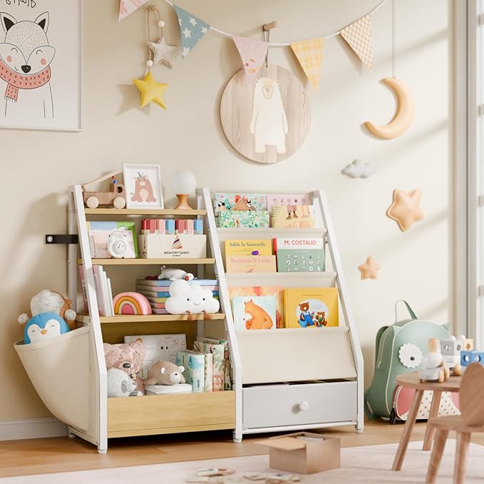 Kids Bookshelf and Toy Storage - Book Shelf for Kids Rooms, Toddler Bookshelf Baby Bookcase for Nursery, Montessori Toy Organizer, Burlywood