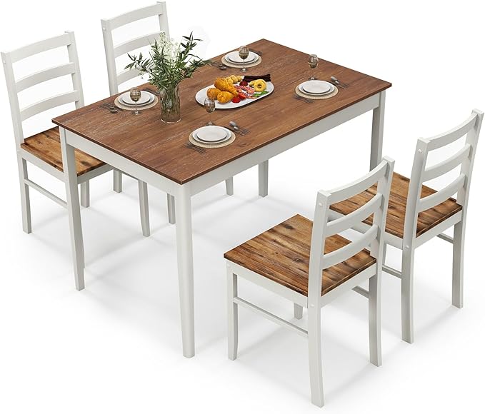 Giantex 5-Piece Dining Set for 4, Solid Wood Rectangular Table & 4 Chairs wtih Rubber Wood Legs, Kitchen Table and Chairs Set for Small Spaces Dinette Dining Room Restaurant (Rustic Brown)