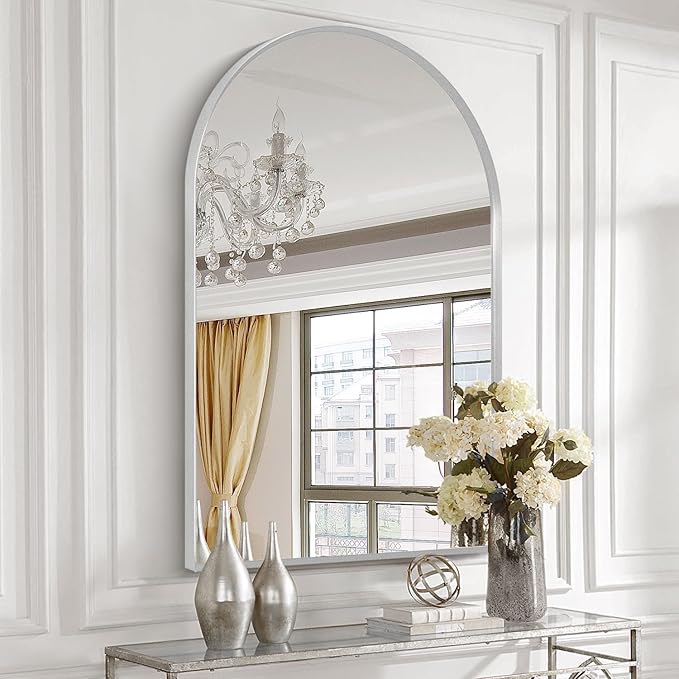 28" x 36" Silver Arched Mirror, Large Arch Bathroom Vanity Mirror, Modern Aluminum Alloy Metal Frame Arch Mirror for Living Room, Bedroom, Entryway, Tempered Glass, Shatter Proof, Anti-Rust