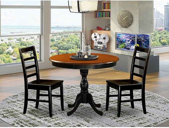 East West Furniture AMPF3-BCH-W 3 Piece Dining Table Set for Small Spaces Contains a Round Kitchen Table with Pedestal and 2 Dining Room Chairs, 36x36 Inch, Black & Cherry