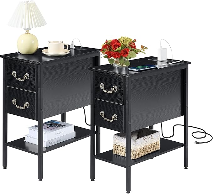 VECELO End Tables,Narrow Nightstands with Charging Station & USB Ports &Drawers,Night Stand for Living Room, Bedroom,Black