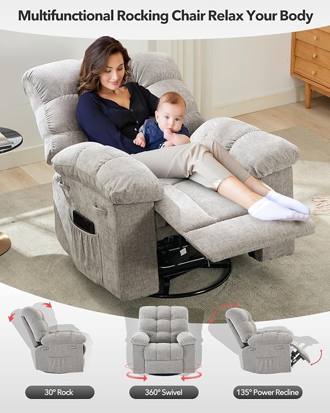Rocking Recliner Chair,360° Swivel Rocker Chair for Living Room,Upholstered Fabric Glider Nursery Chair with Side Pockets for Small Spaces,Q235 Steel Frame Lazy Boy Recliner Single Sofa(Grey)