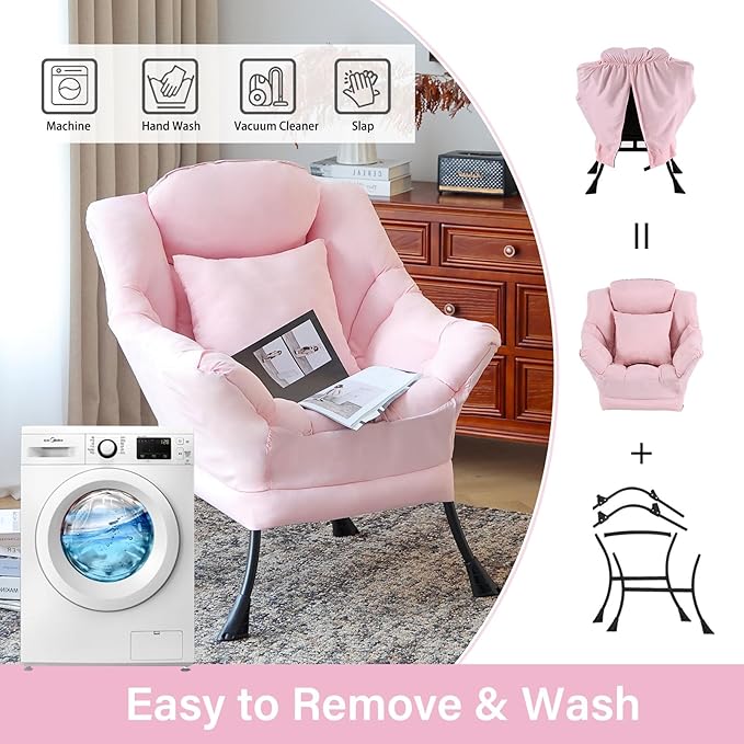 Lazy Chair with Pillow for Living Room, Modern Lounge Accent Chair with Armrests and a Throw Pillow, Leisure Sofa Chair Set, Reading Chair for Bedroom, Dorm Room, Office, Pink