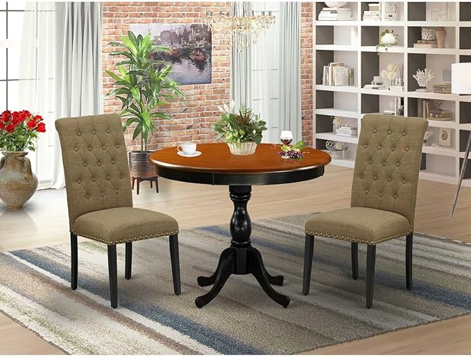 East West Furniture AMBA3-BCH-05 3 Piece Kitchen Table Set for Small Spaces Contains a Round Dining Table with Pedestal and 2 Grey Linen Fabric Parson Chairs, 36x36 Inch, Black & Cherry