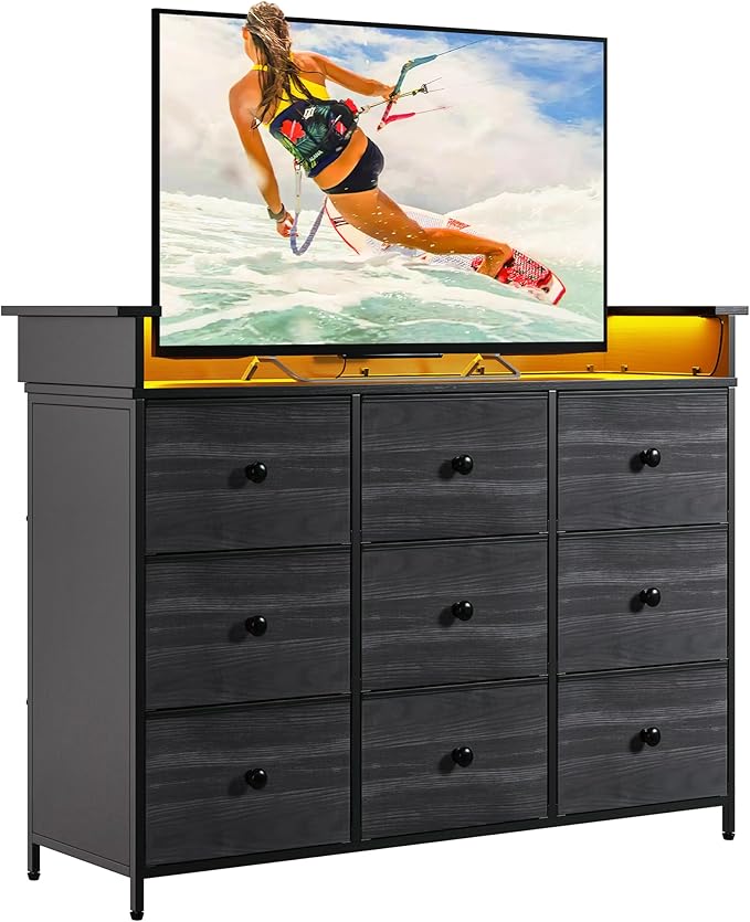 Nicehill 9 Drawer Dresser for Bedroom, TV Stand for Bedroom, Black Dresser with LED Light, Fabric Chests of Drawers for Hallway Entryway (Black Wood Grian)