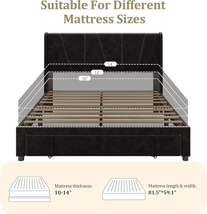 Queen Bed Frame with Storage Drawers, Upholstered Platform Bed with Headboard and Wingboard, No Box Spring Needed, Noise Free, Easy Assembly, Wooden Support Slats, Black