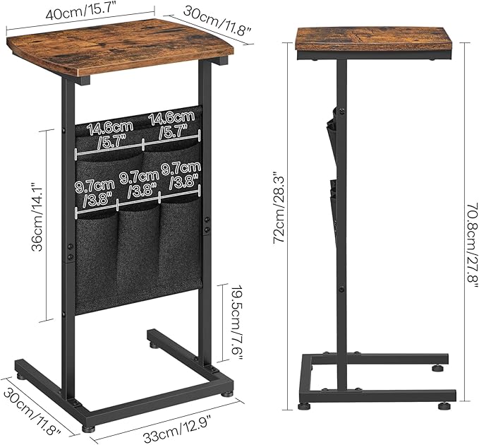 HOOBRO C Shaped End Table with Storage Bag, 28.3" Tall Small Side Table for Couch, Slide Under Sofa, TV Tray for Small Place, Sturdy Frame, Living Room, Bedroom, Rustic Brown and Black BF40SF01