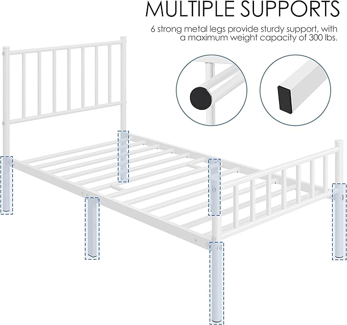 Yaheetech Twin Size Bed Frame Metal Platform Mattress Foundation with Spindle Headboard & Footboard/No Box Spring Needed/14 Inch Underbed Storage/Firm Support Easy Set up Structure, White