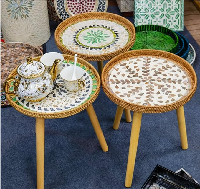 Round Rattan Side Table, Handmade Rattan Tray with 3 Legs, Mother of Pearls Inlay Coffee/Accent Table, Round end/Side Tables for Living Room, Bedrooms, Pedestal Plant Stand for Balcony