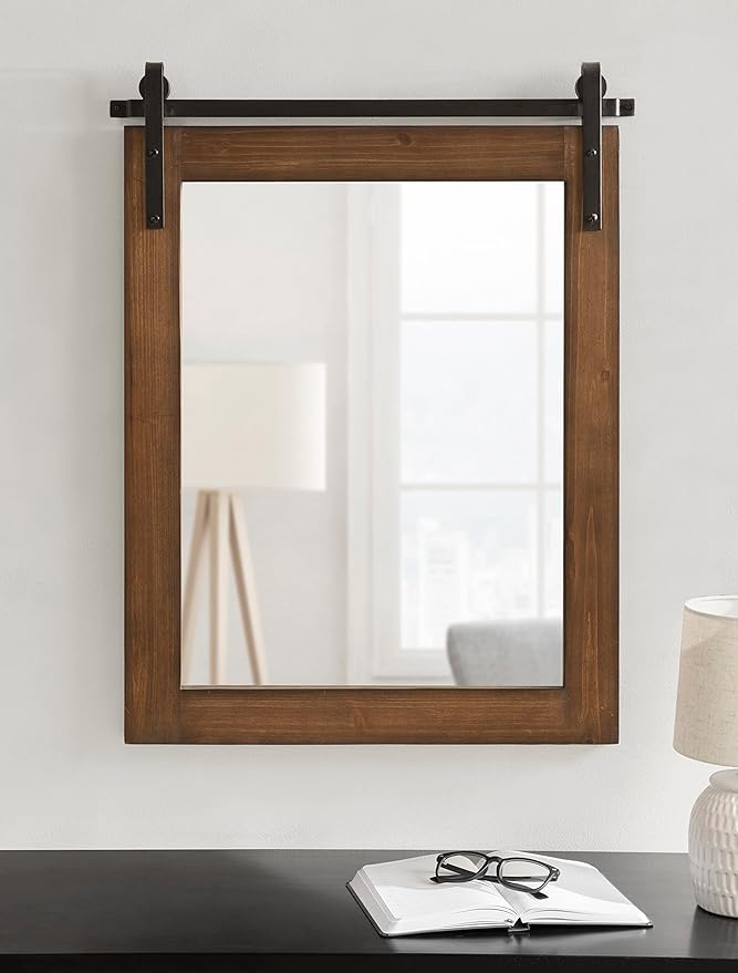 Kate and Laurel Cates Refined Decorative Framed Wall Mirror; 24 x 30; Walnut Brown; Farmhouse Barn Door-Inspired Wall Decor with Substantial Frame and Modern Charm