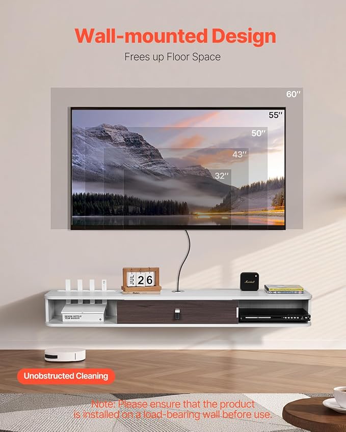 VEVOR Floating TV Stand, 55'' Under TV Shelf Wall Mounted Floating TV Console Modern Entertainment Center with Storage Cabinet, for Bedroom & Living Room, White