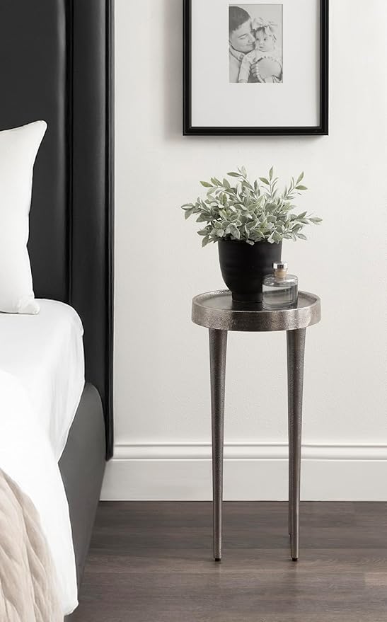 Kate and Laurel Rava Modern Metal Round Drink Table, 10 x 10 x 21, Antique Nickel, Cast Aluminum Accent Table for Use as Indoor Plant Stand or Living Room Decor Piece