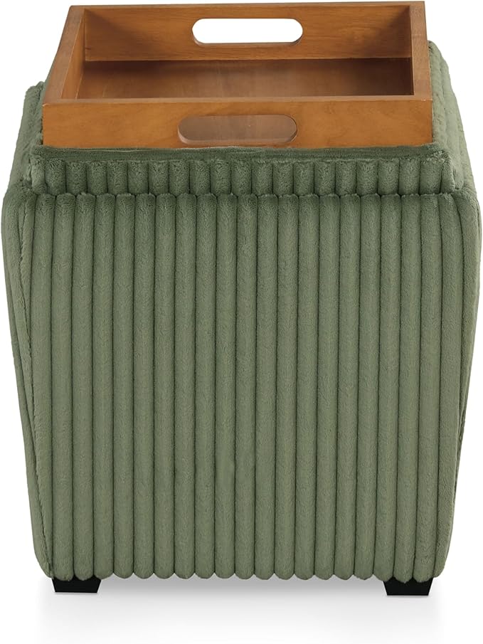 Furniture of America Lennox Modern Chenille 17-inch Square Storage Ottoman with Reversible Tray Top, Upholstered Footstool for Living Room, Bedroom, Entryway, Green